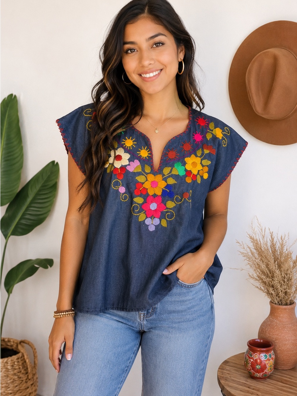 Handmade Mexican Embroidered Denim Blouse – Floral Huipil Style